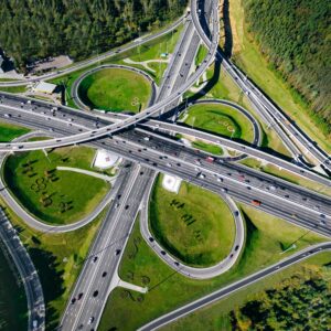 Aerial view of a massive highway road intersection in Moscow city, Russia